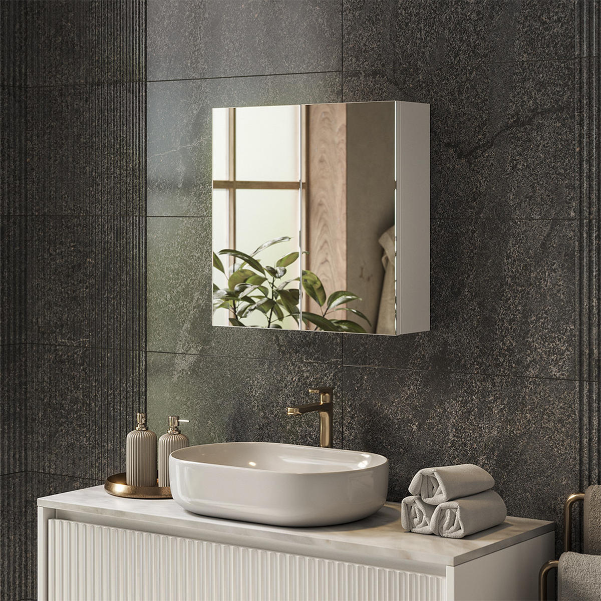 KOPALNIŠKA OMARICA Z OGLEDALOM Lavia, Bela, 60 x 60.2 cm - bela, leseni material (60/170/17cm) - Vicco