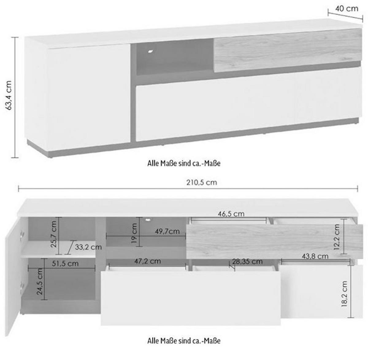 LOWBOARD Novena weiß / schwarz / Catania Eiche 210,5 / 40 / 63cm - Schwarz/Weiß, Holzwerkstoff (210.5/63/40cm) - Feldmann-Wohnen