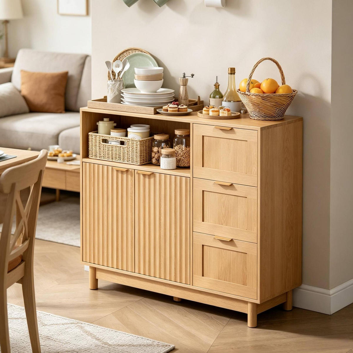 SIDEBOARD 90/35/80 cm Holz aus MDF und Spanplatte mit Stauraum - Eichefarben, Holzwerkstoff (35/80/90cm) - OKWISH