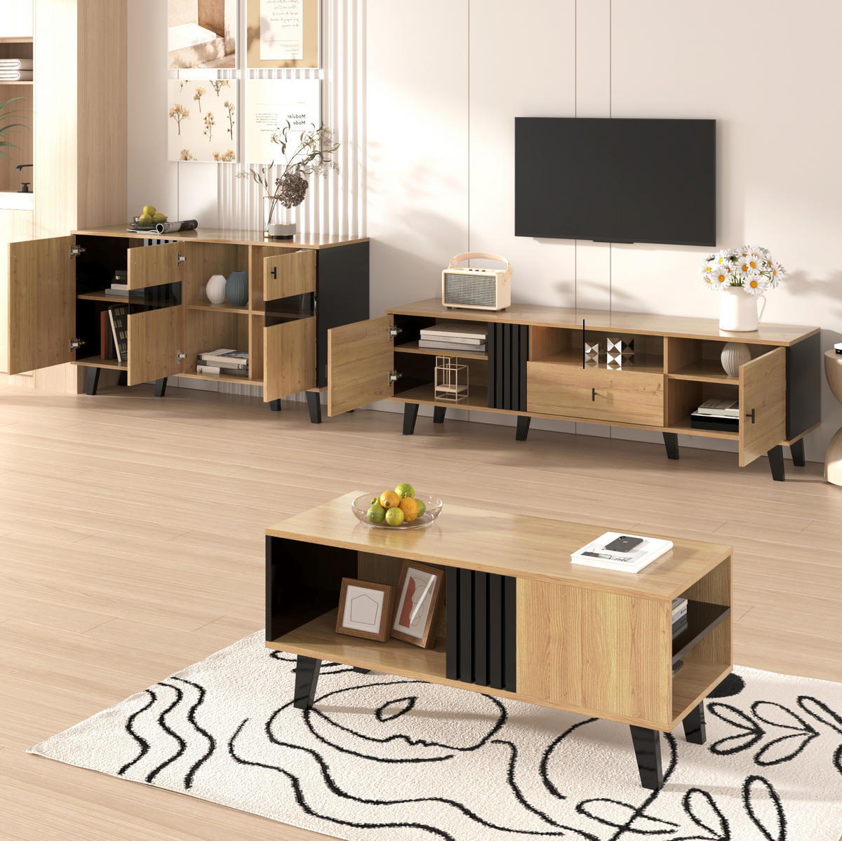 TV-LOWBOARD aus Glas und Spanplatte 170x40x50,5 cm Schwarz/Naturfarben mit 2 Türen, Schublade und offenem Fach - Schwarz, Holzwerkstoff (170/50.5/40cm) - Modfu