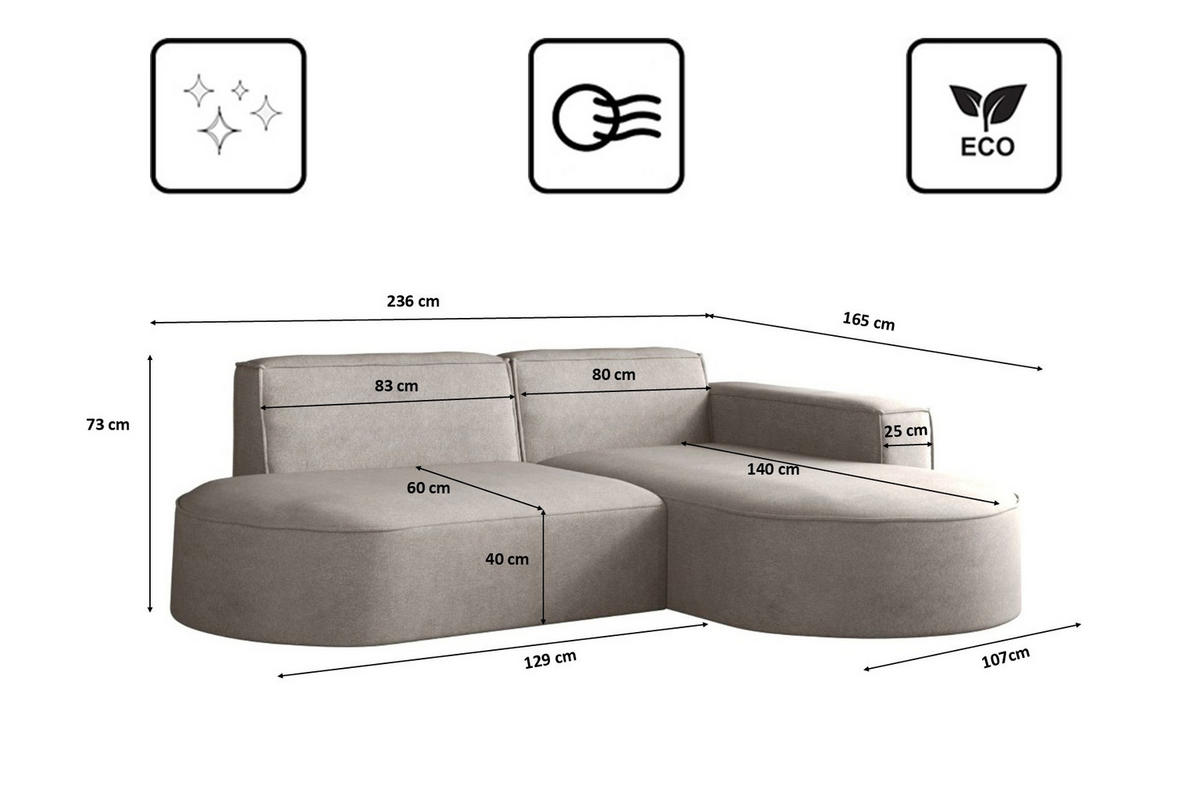 ECKSOFA Modena Modern Und Komfort Velours Stoff Salvador Rechts Beige - Creme, Holz/Textil (236/165cm) - Kaiser Möbel