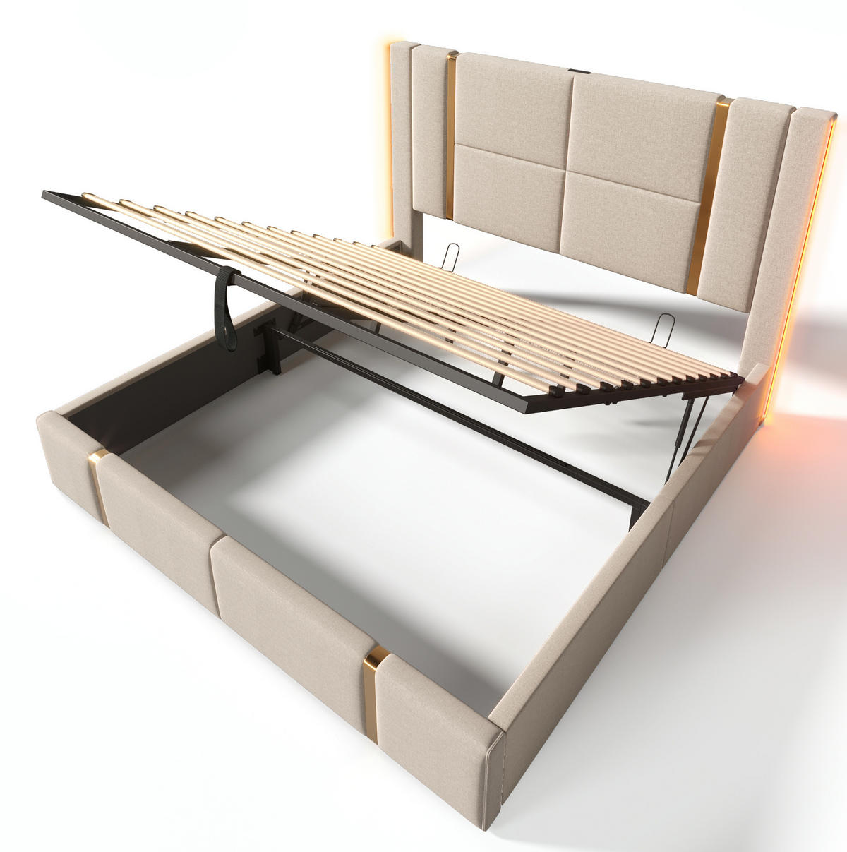 POLSTERBETT mit Stauraum LED USB/Type-C 180x200 cm Beige - Beige, Metall (180/200cm) - Meubliv
