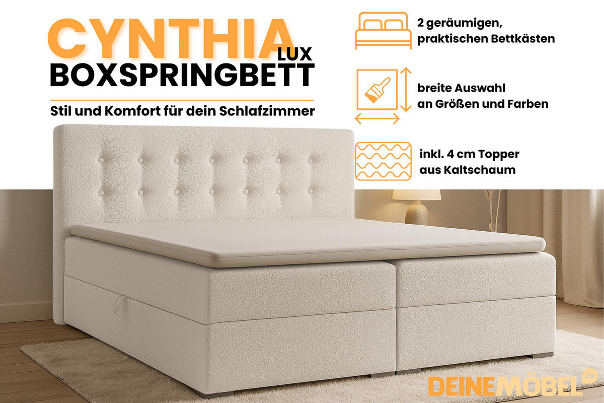 BOXBETT CYNTHIA LUX 160/200 in Boucle Weiß H4 - Weiß, Holzwerkstoff (160/200cm) - Deine Möbel 24