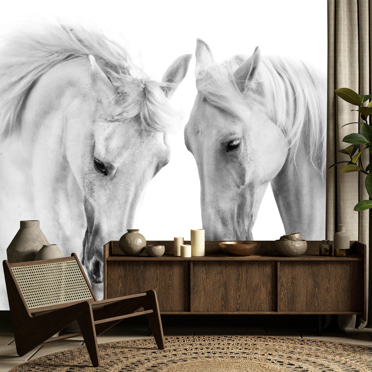 FOTOTAPETE für Schlafzimmer Weiße Pferde Grauer Hintergrund Eleganz Tierwelt 450x315 - Weiß/Grau, Papier (450/315cm) - Muralo