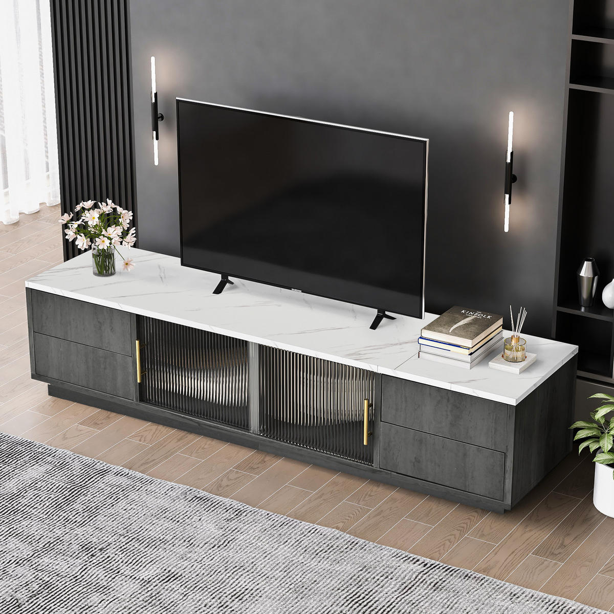 TV ormarić 160/40/38,5 cm sivi od MDF-a s 4 ladice i staklenim vratima - siva, drvni materijal (160/38.5/40cm) - OKWISH