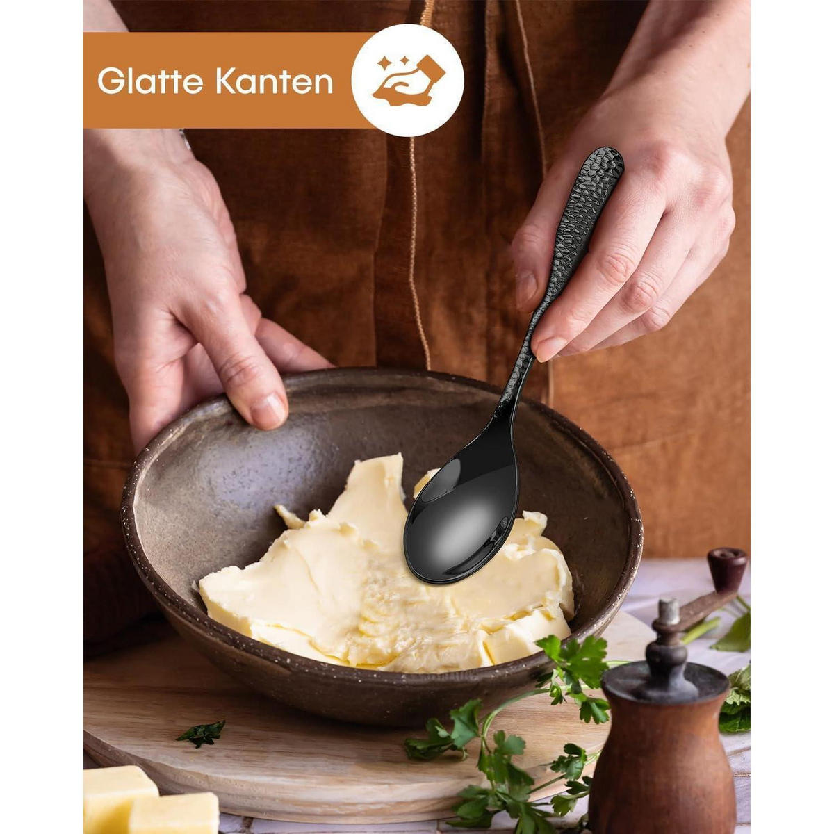 BESTECK Set 30-teilig Schwarz Gehämmert - Schwarz, Metall