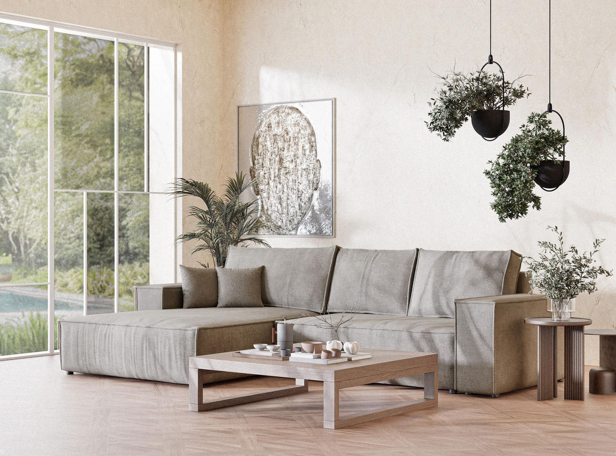 ECKSOFA Maze Beige grau Chenille-Stoff - Links Seite - Greige/Schwarz, Holz/Holzwerkstoff (185/294cm) - Maison de Reve