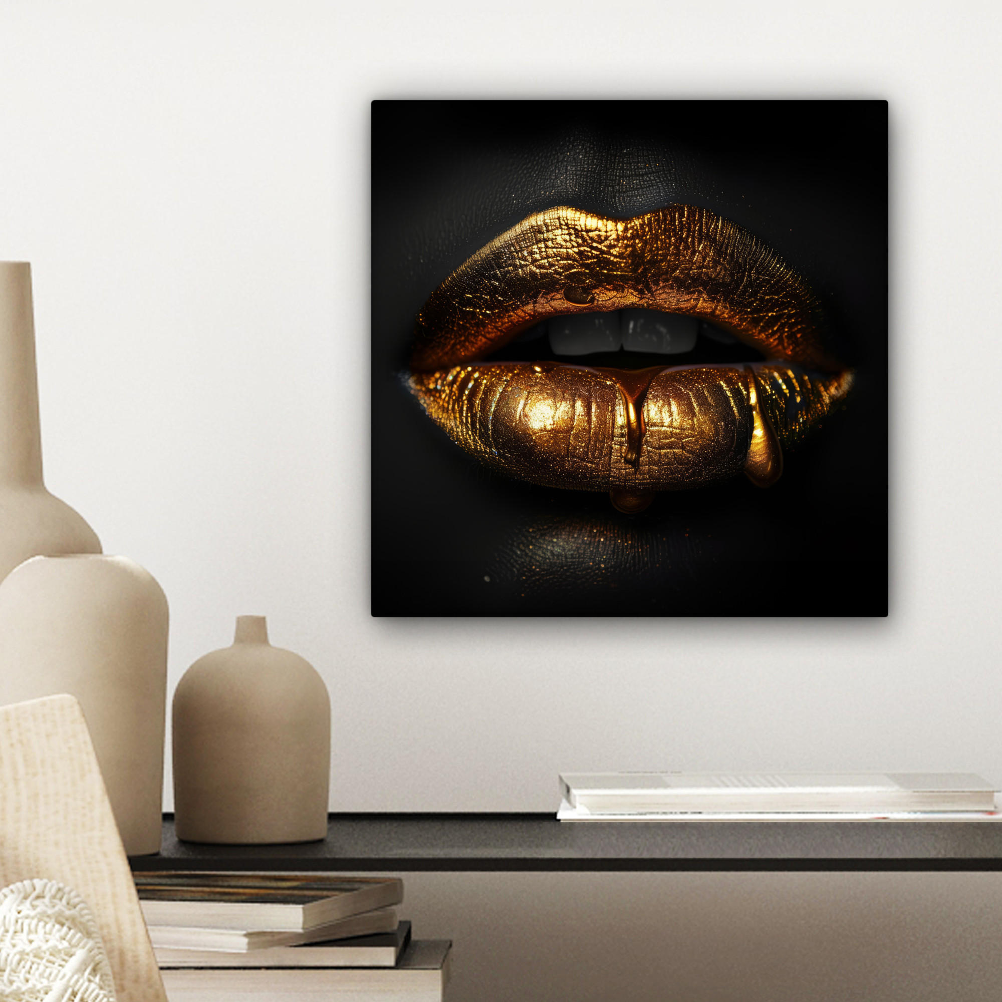 LEINWANDBILD Frau - Porträt - Lippen - Gold - Schwarz 20x20 cm - Schwarz, Textil (20/20cm) - MuchoWow