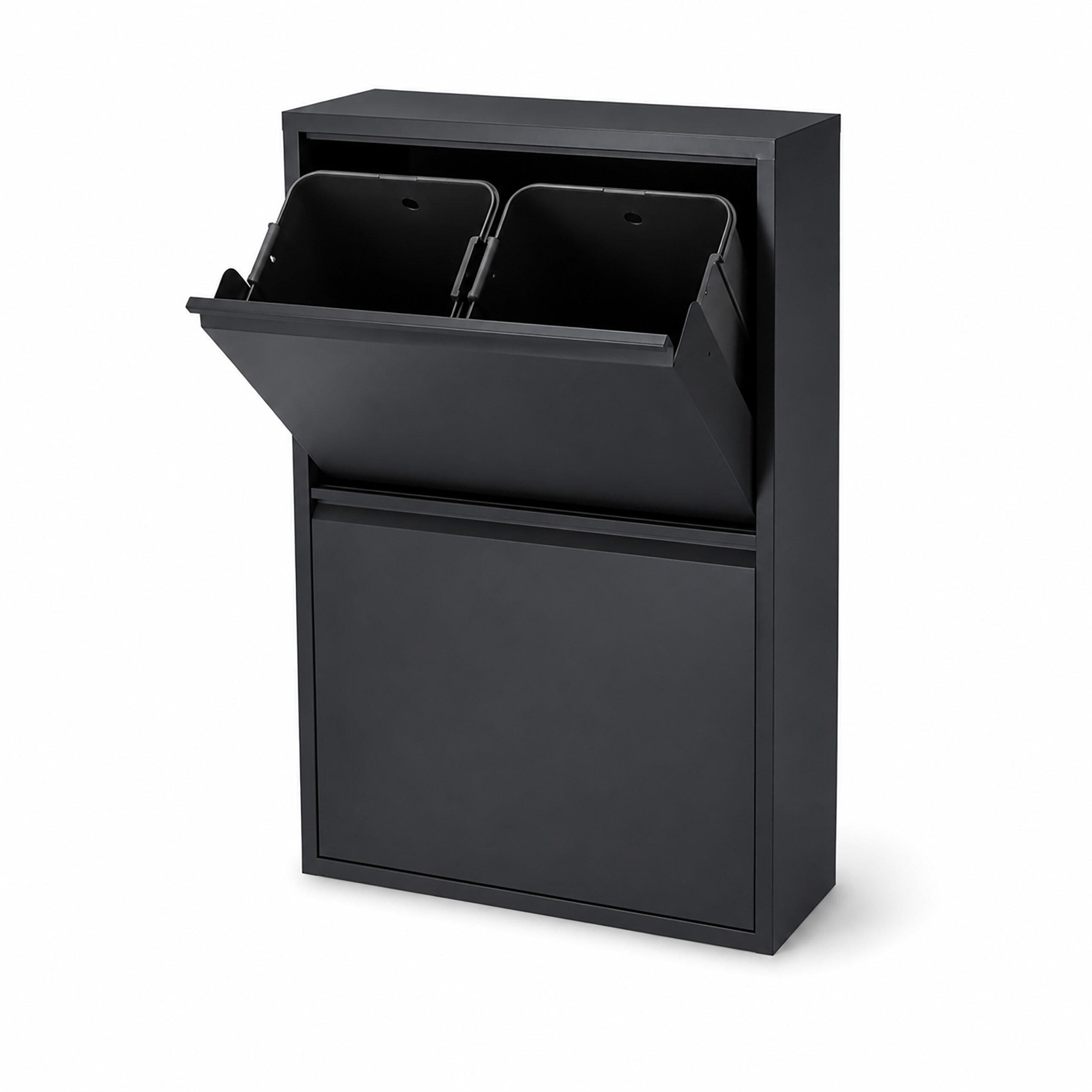 MÜLLEIMER Schwarz 4-Fächer Metall kippbar 4x18 l - Schwarz, Kunststoff/Metall (60/93/25cm) - Relaxdays