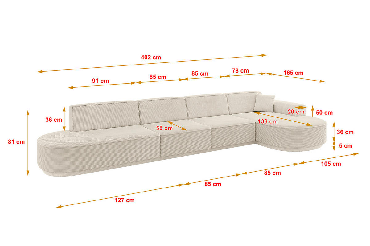 ECKSOFA Ottomane Rechts MARI-L3 - 402x163x81 cm Beige Cord - Beige/Schwarz, Holzwerkstoff/Kunststoff (402/163cm) - ALTDECOR