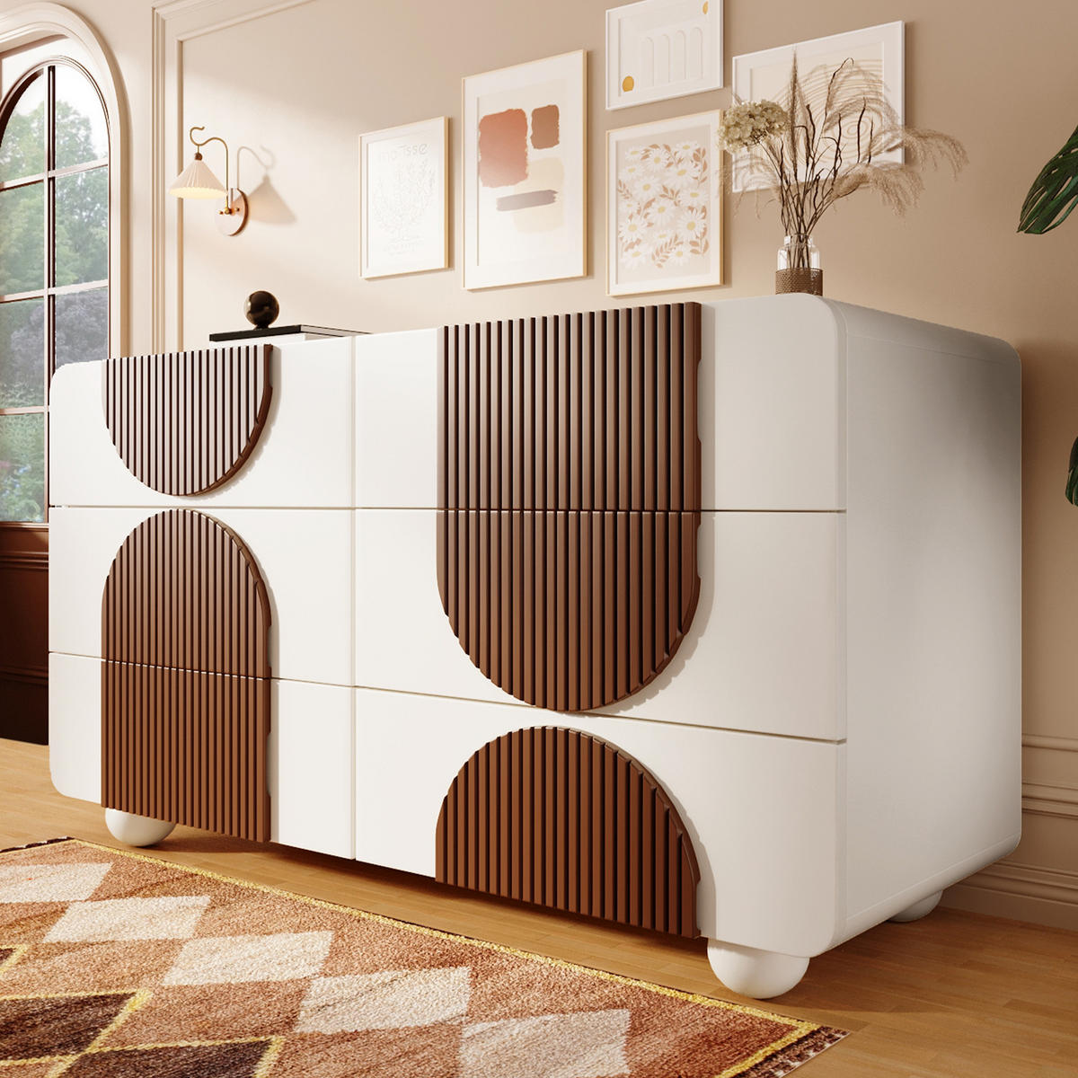 SIDEBOARD Kommode Weiß Modern 6 Schubladen Holz Massivfuß Kipp-Schutz Leise Schienen Flur Schlafzimmer Stauraum - Weiß/Braun, Holz/Holzwerkstoff (121/71/41cm) - EVRYAE
