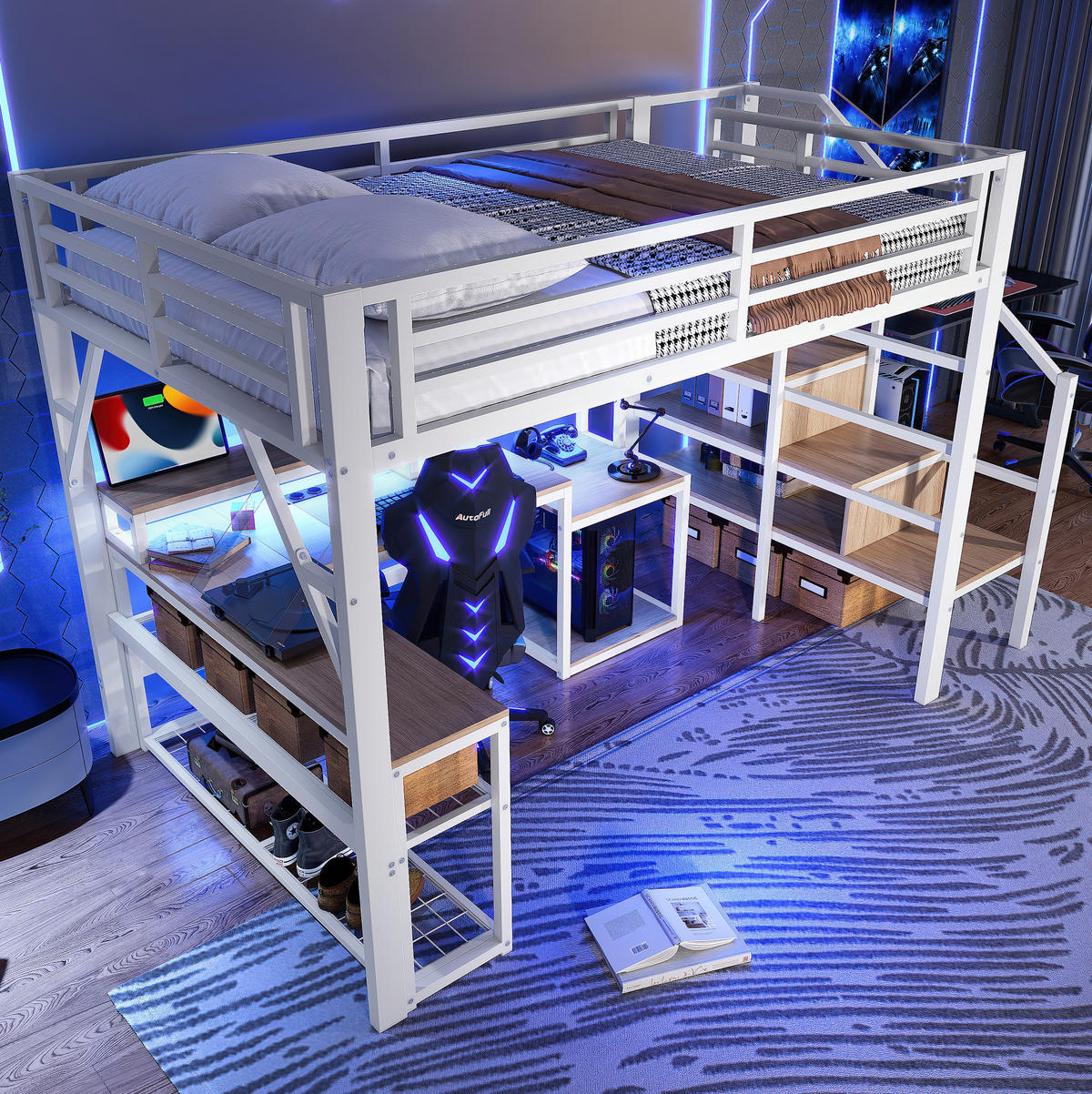 HOCHBETT mit Schreibtisch 140/200 cm in Weiß – mit Stauraumtreppe und LED - Weiß, Metall (140/200cm) - BEAOK