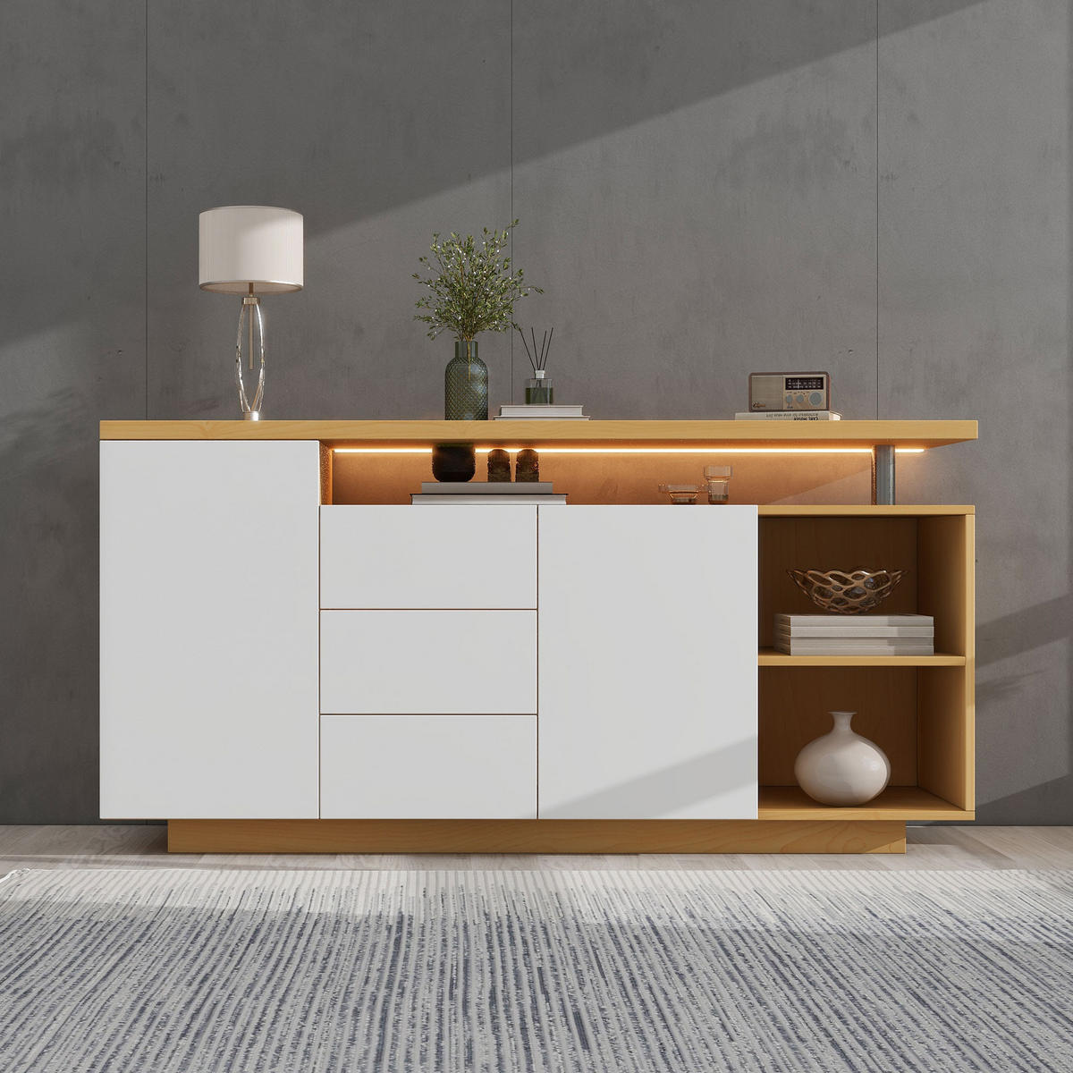 SIDEBOARD LED Weiß Holz 2 Türen 3 Schubladen 140cm Multifunktion - Multicolor, Holzwerkstoff (40/70/140cm) - FLIEKS