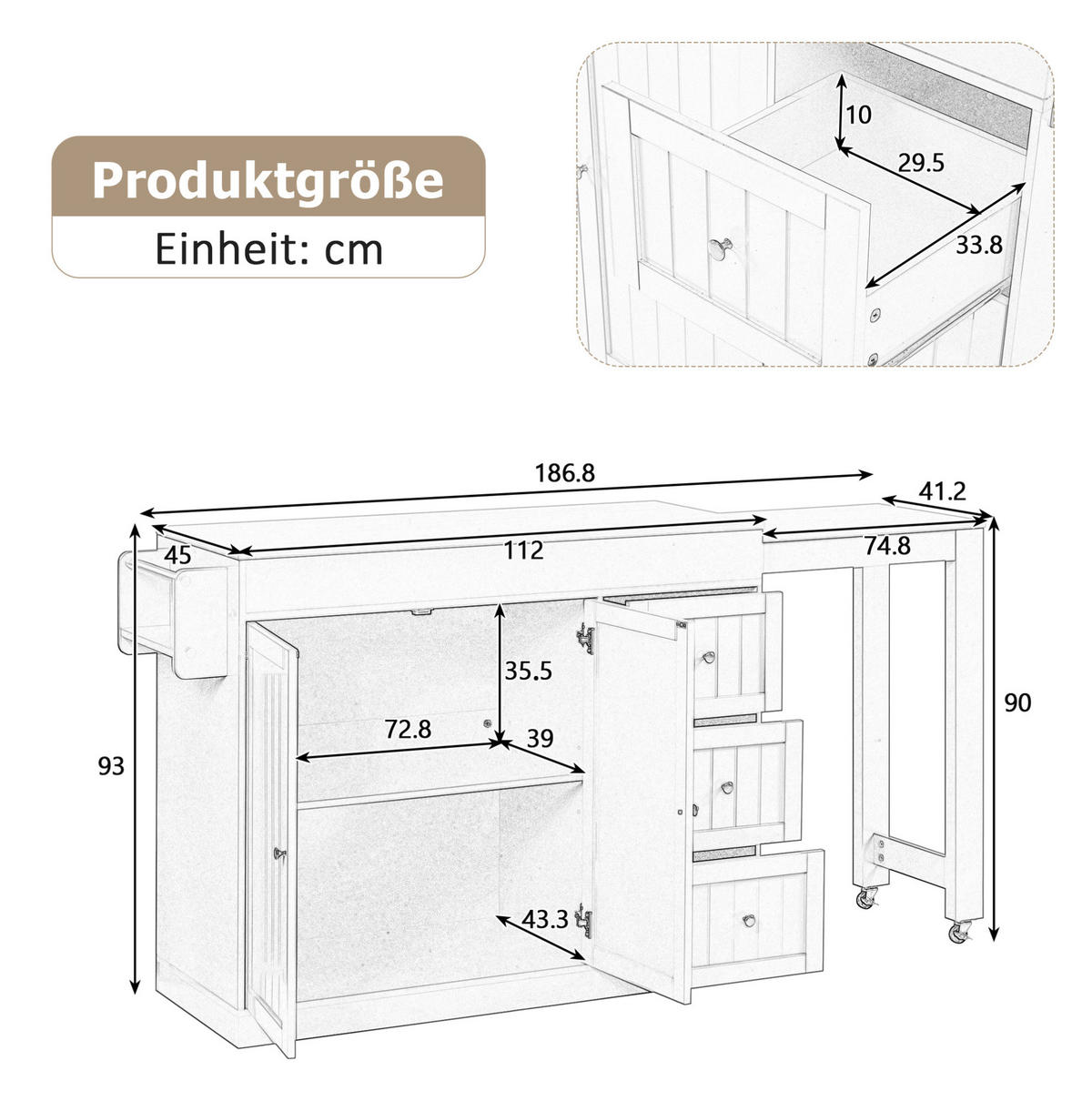 KÜCHENINSEL 112/45/93 cm Schwarz aus MDF mit ausziehbarer Arbeitsplatte - Schwarz, Holzwerkstoff (45/93/130cm) - OKMYHOME
