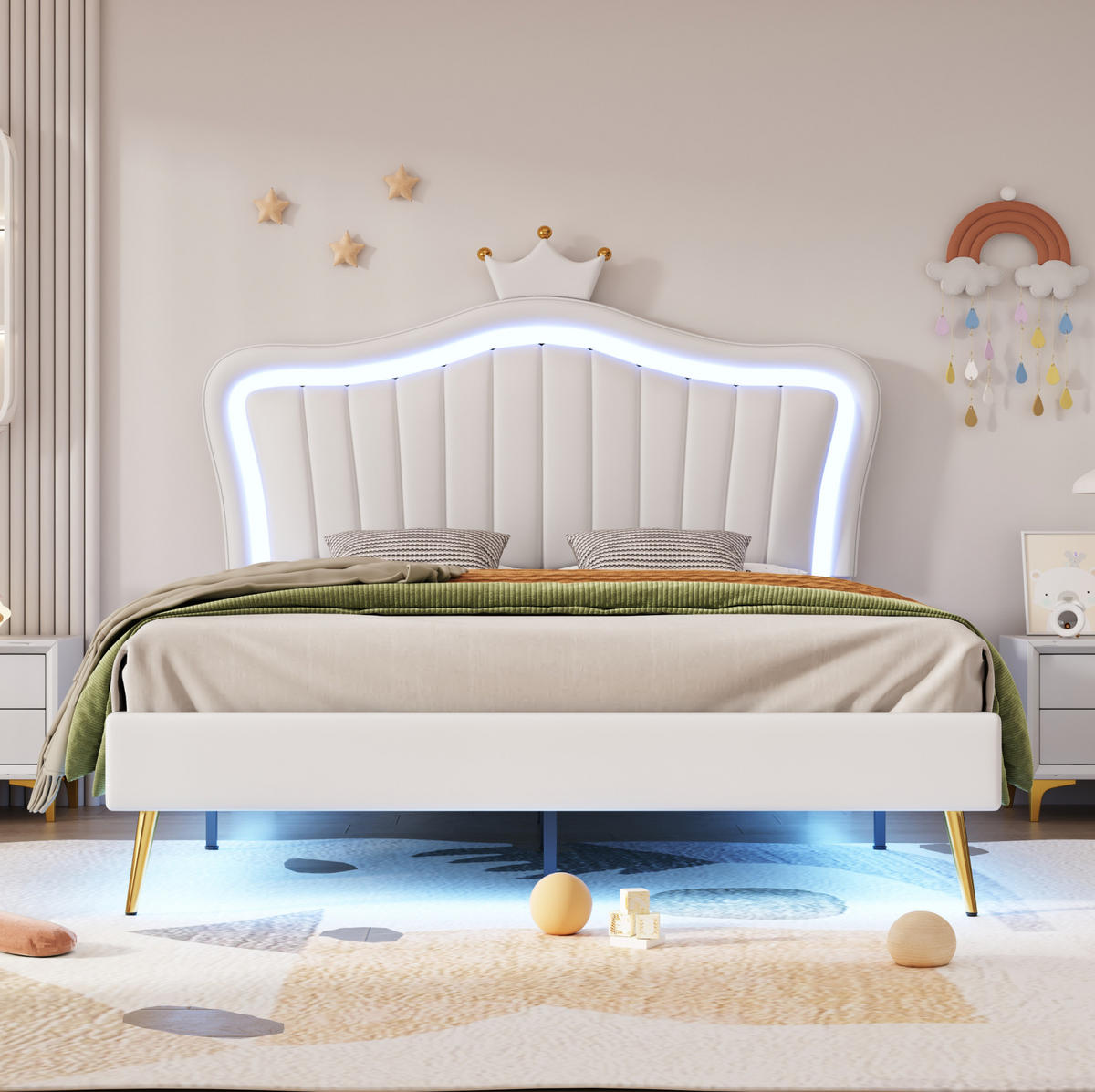 KINDERBETT 140/200 cm mit LED-Beleuchtung, verstellbarem Kopfteil und Muschel-Kronen-Design, Weiß - Weiß, Textil (140/200cm) - Redom