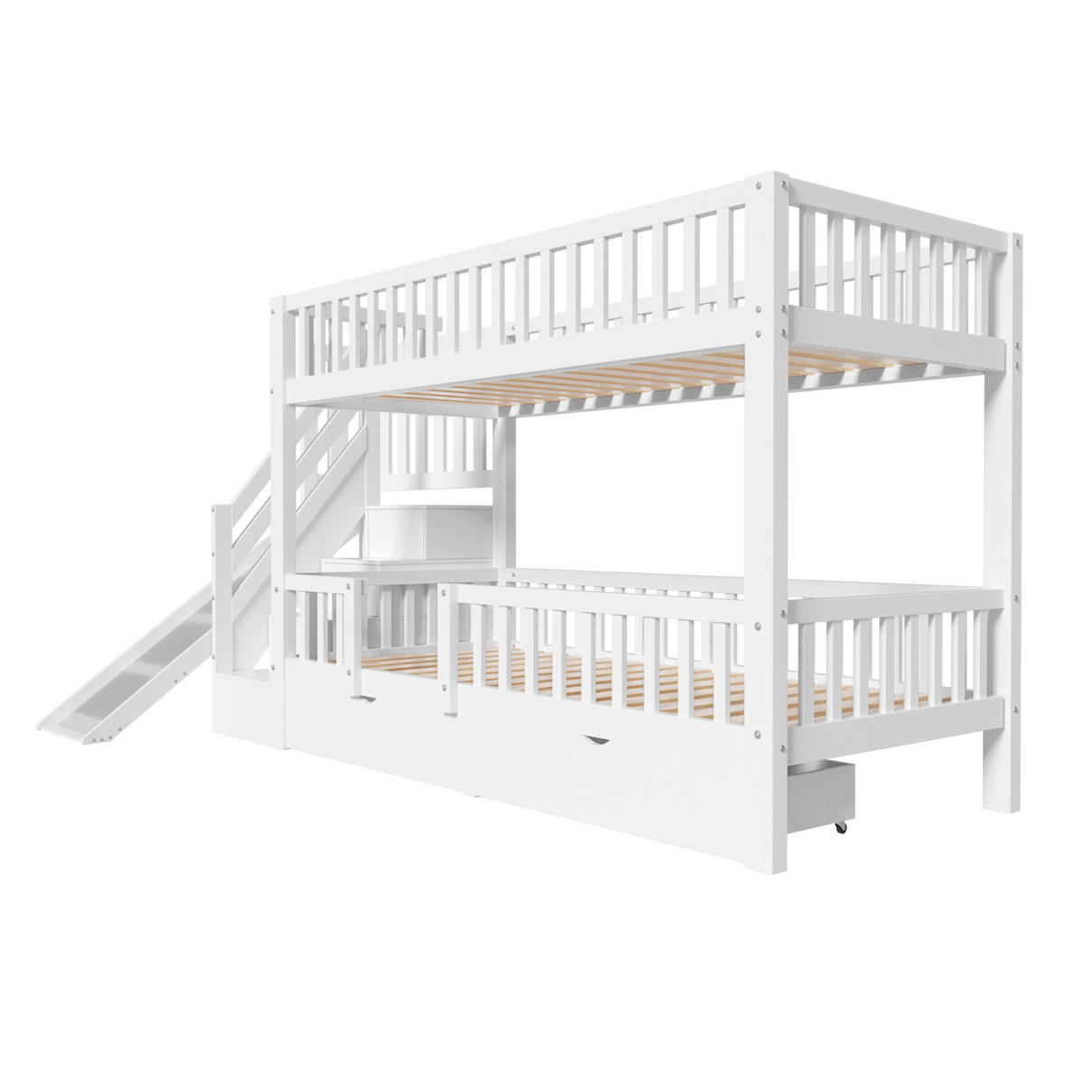 ETAGENBETT aus Massivholz 90x200 cm in Weiß mit Rutsche & Treppe - Weiß, Holz (90/200cm) - Modfu