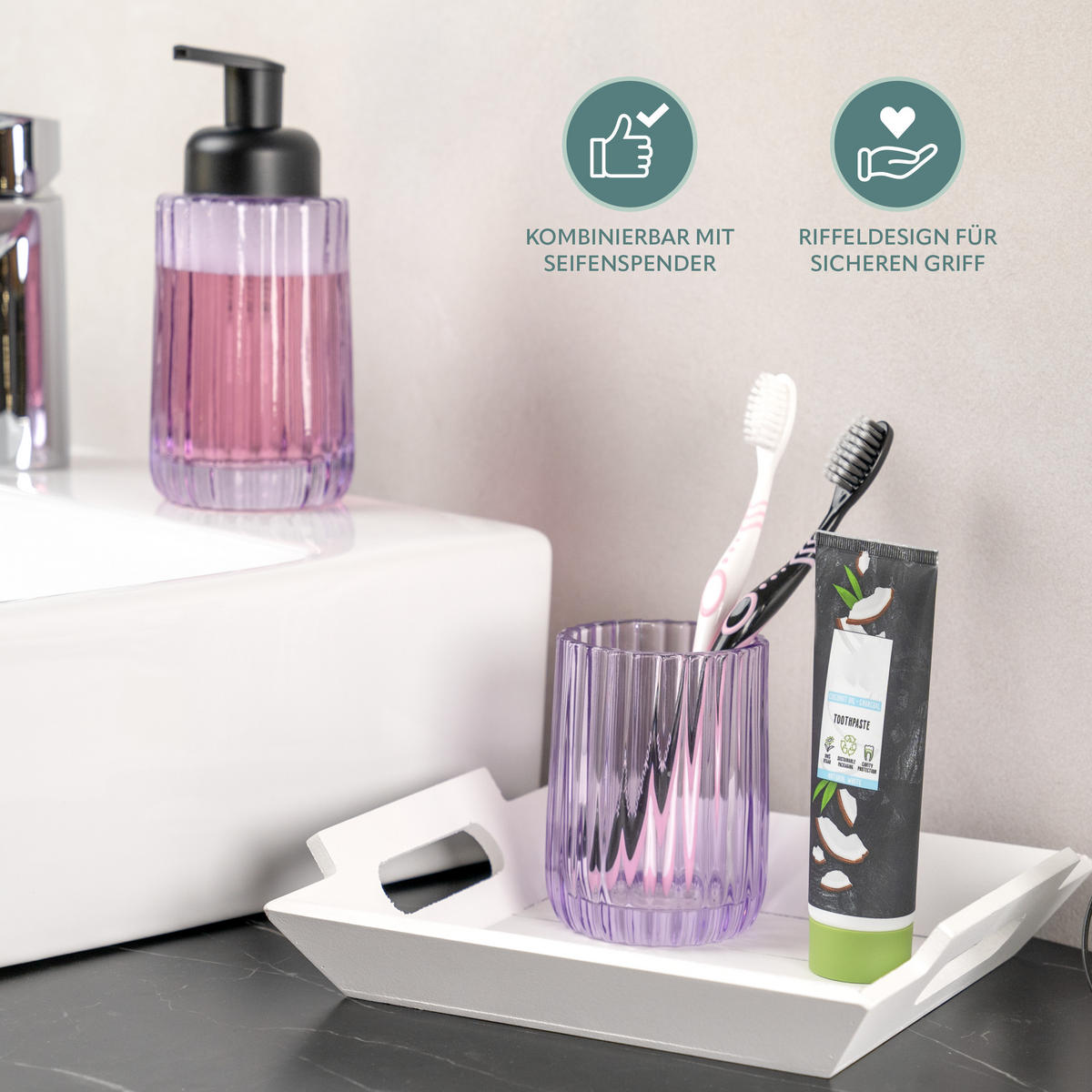 ZAHNPUTZBECHER, Glas, lavendel - Lila, Glas (7.5/10/7.5cm) - bremermann