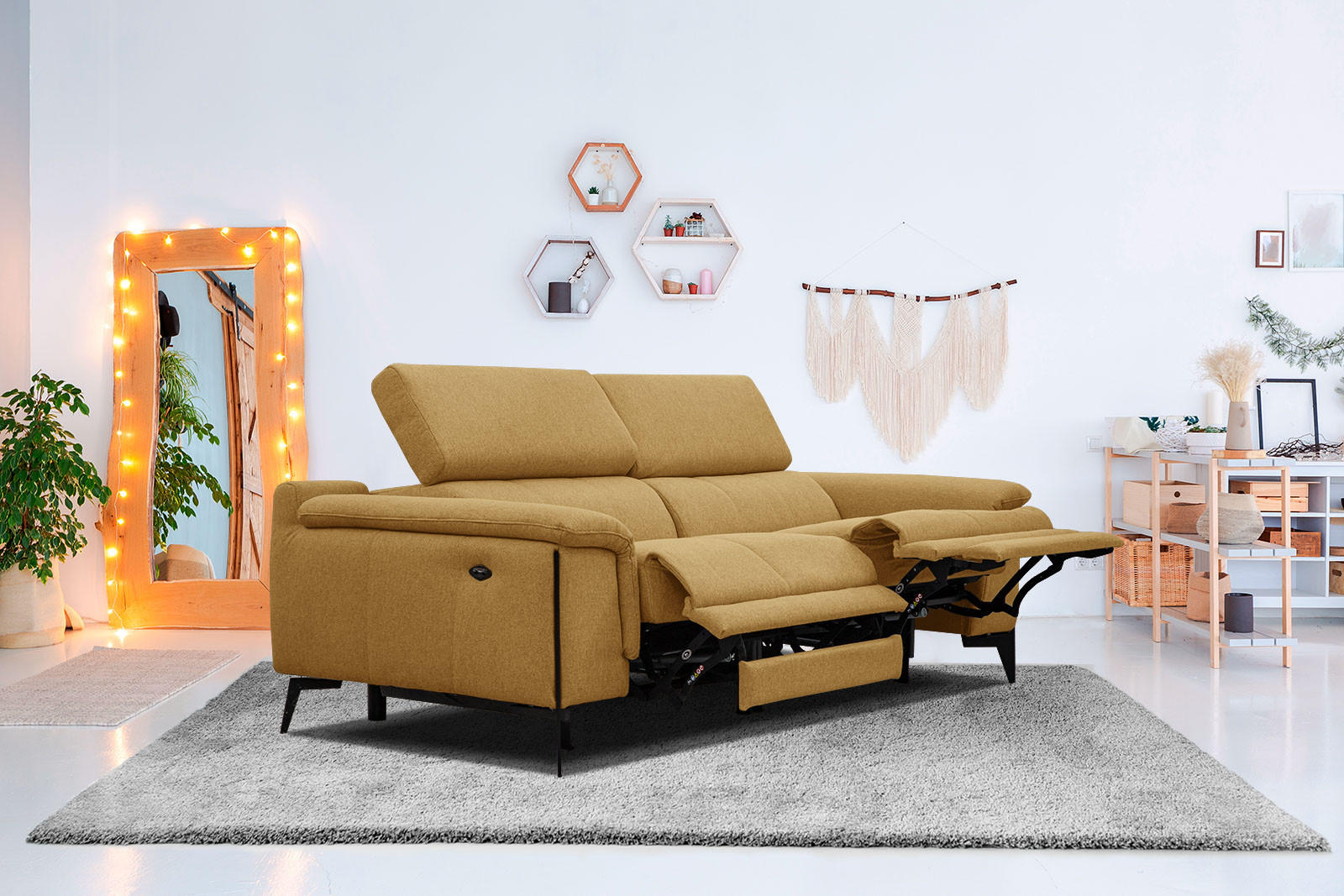 RELAXSOFA MATERA 3-Sitzer mit 2 Relaxfunktionen, dunkelgelb - Dunkelgelb/Schwarz, Holzwerkstoff/Textil (212/82/103cm) - Courtois Laville