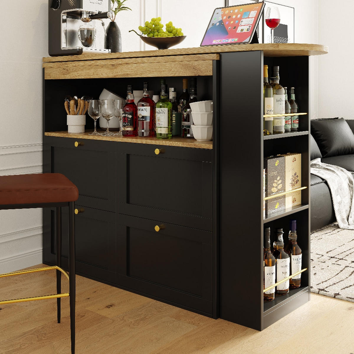KÜCHENINSEL Bartisch drehbar, mit 4 Schubladen und offenen Ablagen, MDF Schwarz, Esszimmer, 105/39/102 cm - Schwarz, Kunststoff (39/102/105cm) - Rolipo