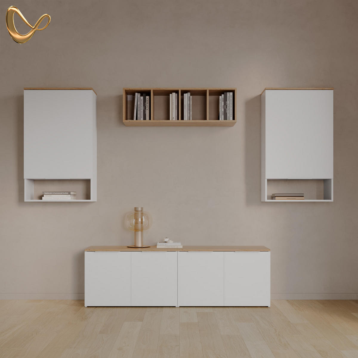 WOHNWAND Piave Weiß/Sonoma 5 Teile - Weiß/Sonoma Eiche, Holzwerkstoff (80/50/40cm) - Livinity®