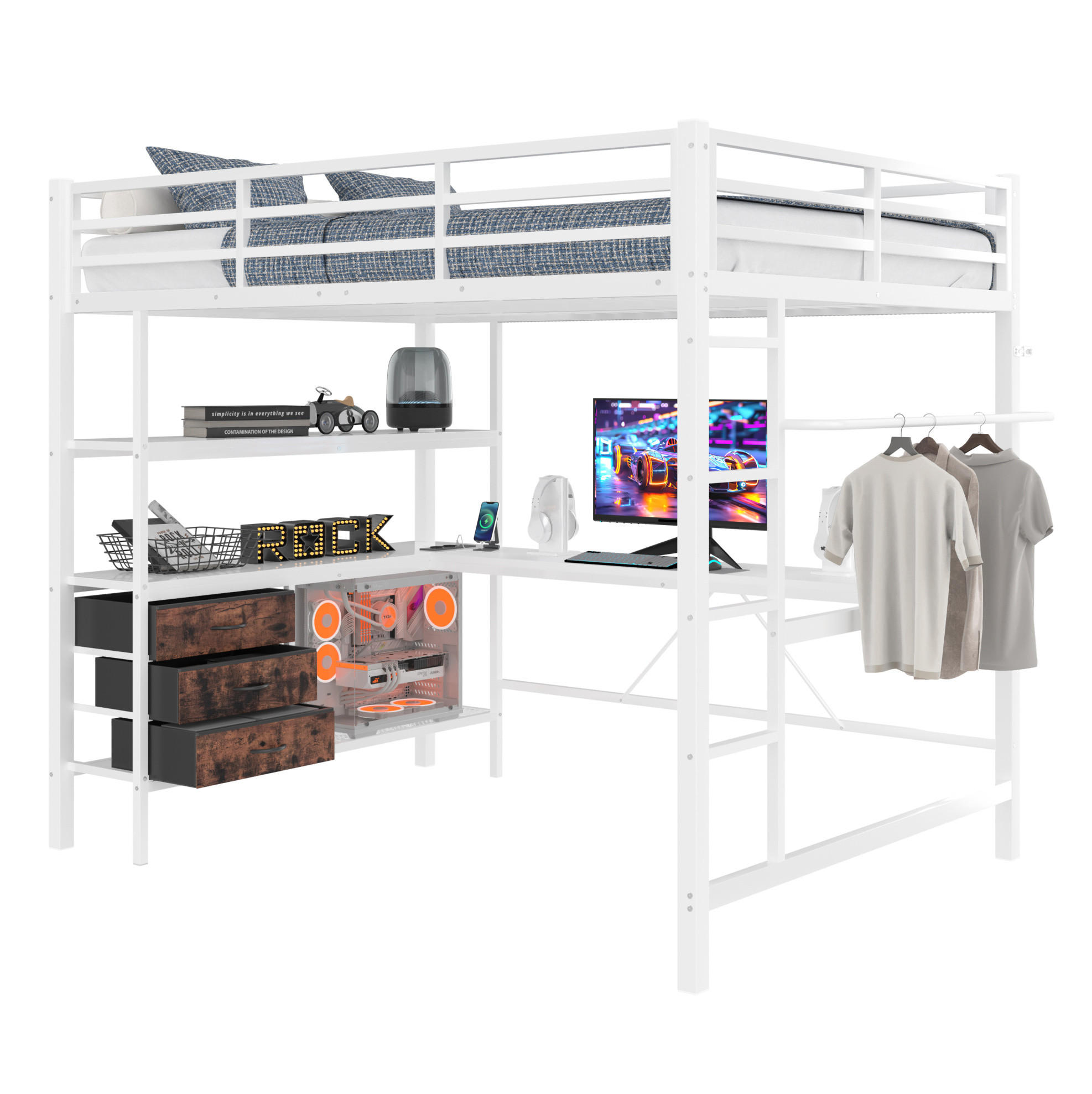 HOCHBETT 140/200 cm in Weiß mit LED-Beleuchtung, Schreibtisch und 3 Schubladen - Weiß, Metall (140/200cm) - Flora Grace