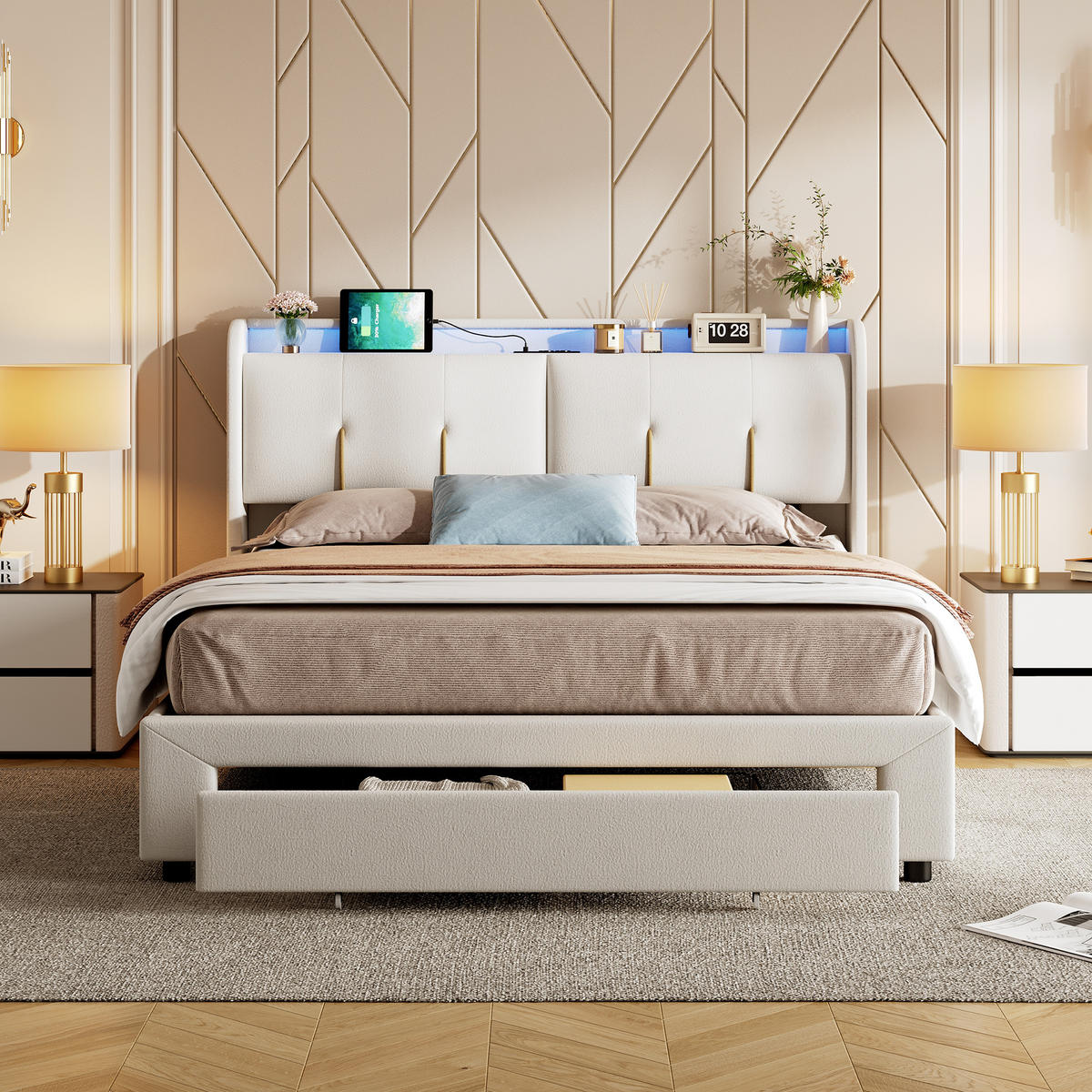 POLSTERBETT 140x200 cm, Doppelbett mit LED & USB - Weiß, Textil/Metall (140/200cm)
