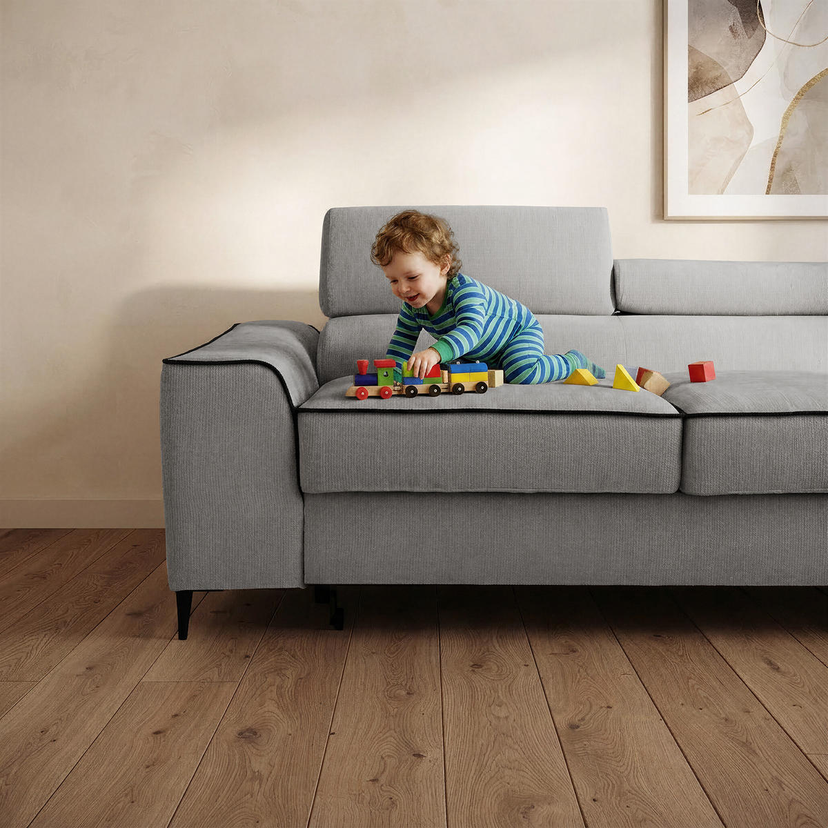 ECKSOFA EVER L Rechts mit Schlaffunktion 193x126 Chenille Grau - Schwarz/Grau, Holz/Textil (204/267cm) - Muffo