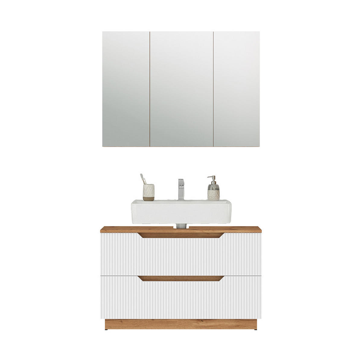 BADMÖBEL-SET Lotta Eiche/weiß gestreift 2 Teile - Eichefarben/Weiß, Holzwerkstoff (119.2/62.5/35cm) - Vicco