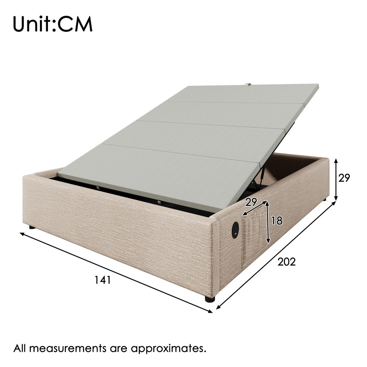 POLSTERBETT mit Stauraum 140x200 cm Leinen Natur mit USB-C - Beige, Metall (140/200cm) - Meubliv