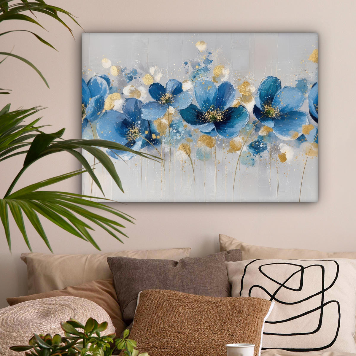 LEINWANDBILD Blumen - Blau - Abstrakt Wandbilder 80x60 cm - Hellgrau, Textil (80/60cm) - MuchoWow