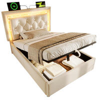 POLSTERBETT aus Samt 90x200 cm in Beige mit LED & Matratze - Beige, Textil (90/200cm) - Modfu
