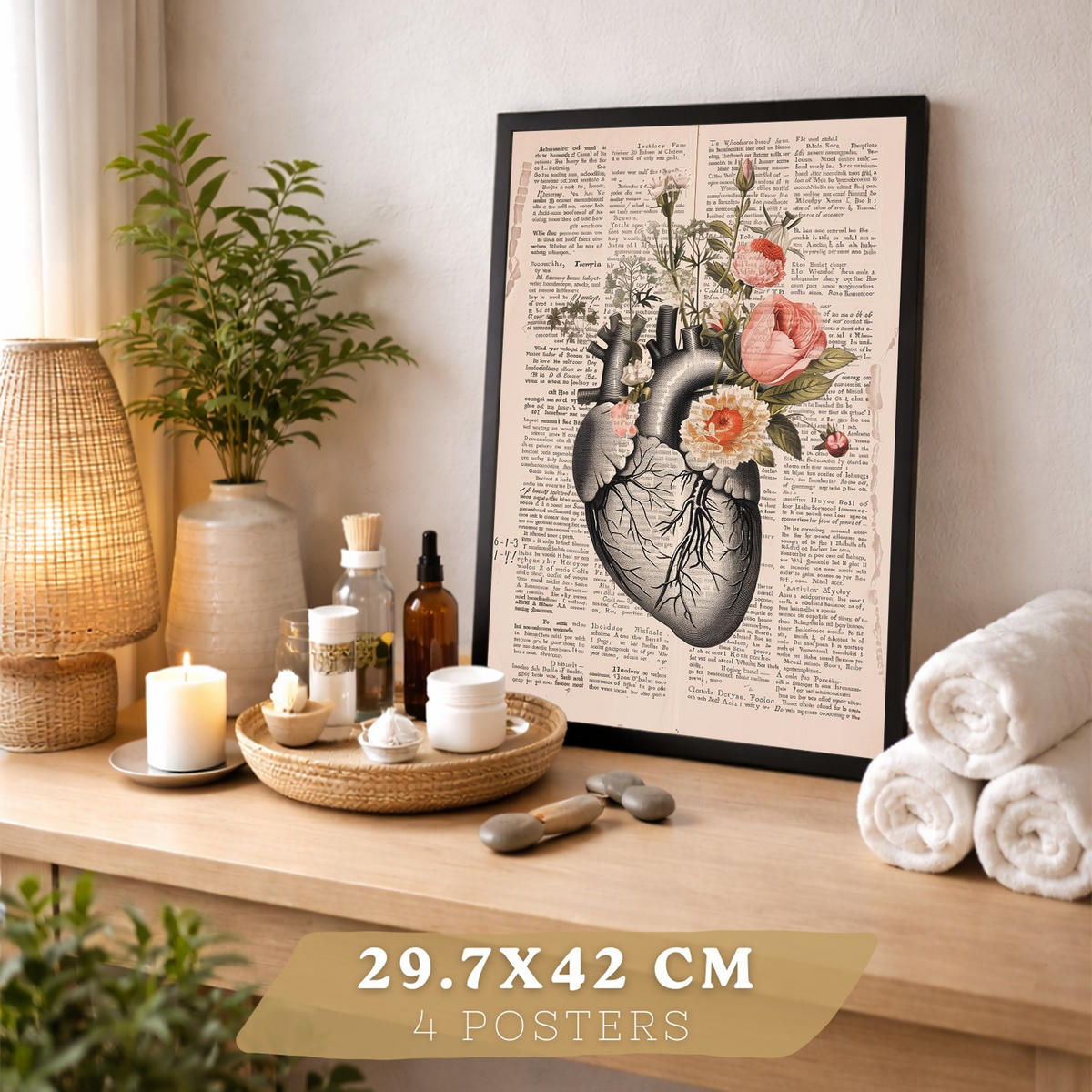 POSTER Set aus 4 Anatomie Mensch Botanische Drucke und mit Organen Herz Verdauungssystem Schädel und Becken Heimdekoration Größe Schwarzer Rahmen A3 - Schwarz, Papier (29.7/42/3cm) - Nacnic