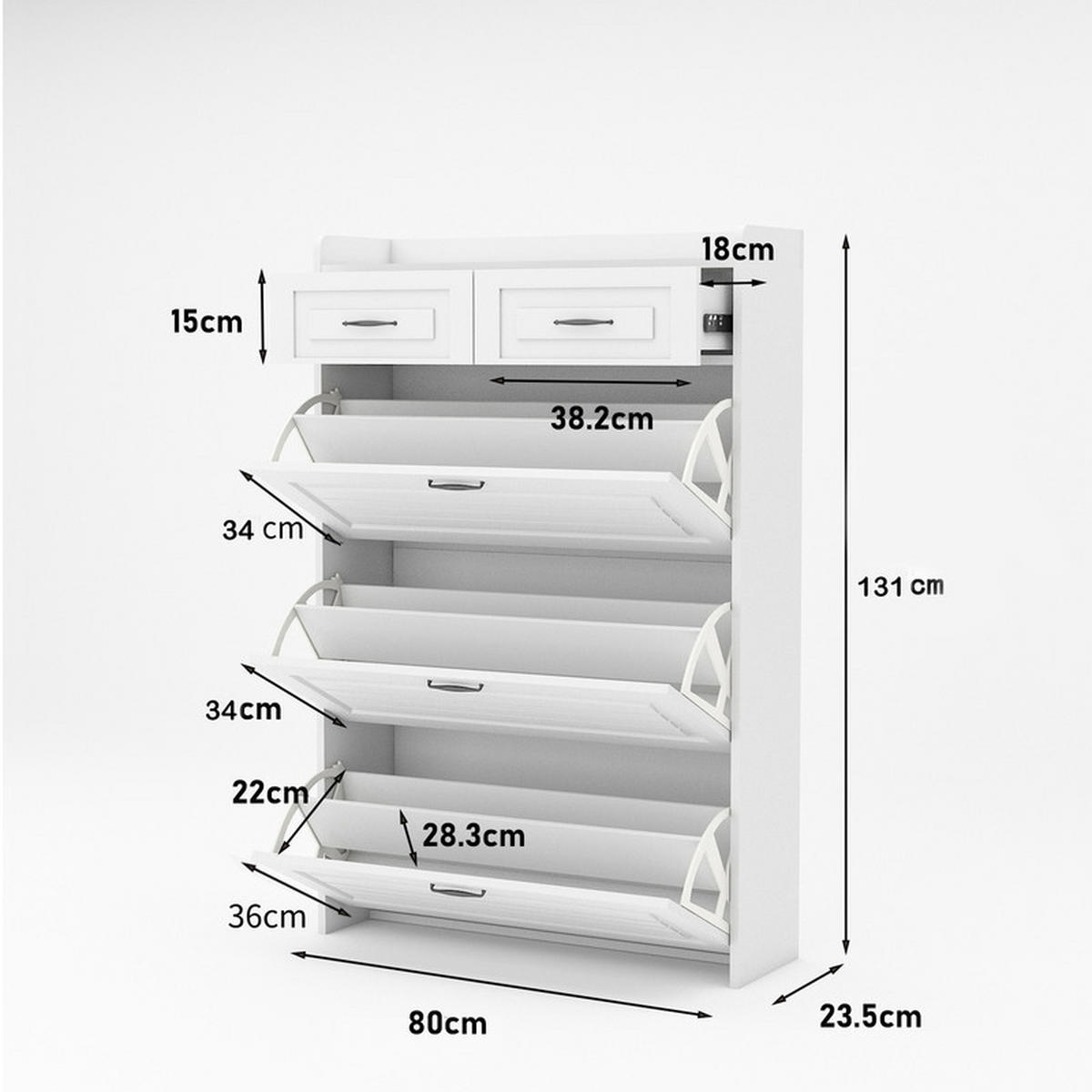 SCHUHSCHRANK Holz mit 3 Klapptüren und 2 Schubladen 80x23,5x131 cm - Weiß, Holzwerkstoff (23.5/131/80cm) - Moorle