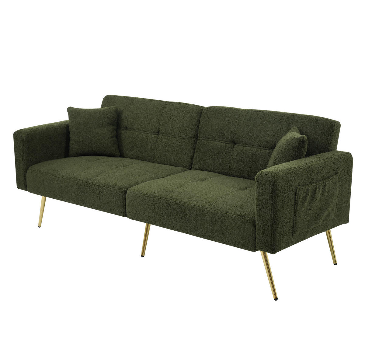 ROZKLADACIA pohovka 175/64/72 cm starozelená s polohovateľným operadlom a bočnými vreckami z látky sherpa - zelená, plast (175/72/64cm) - OKWISH
