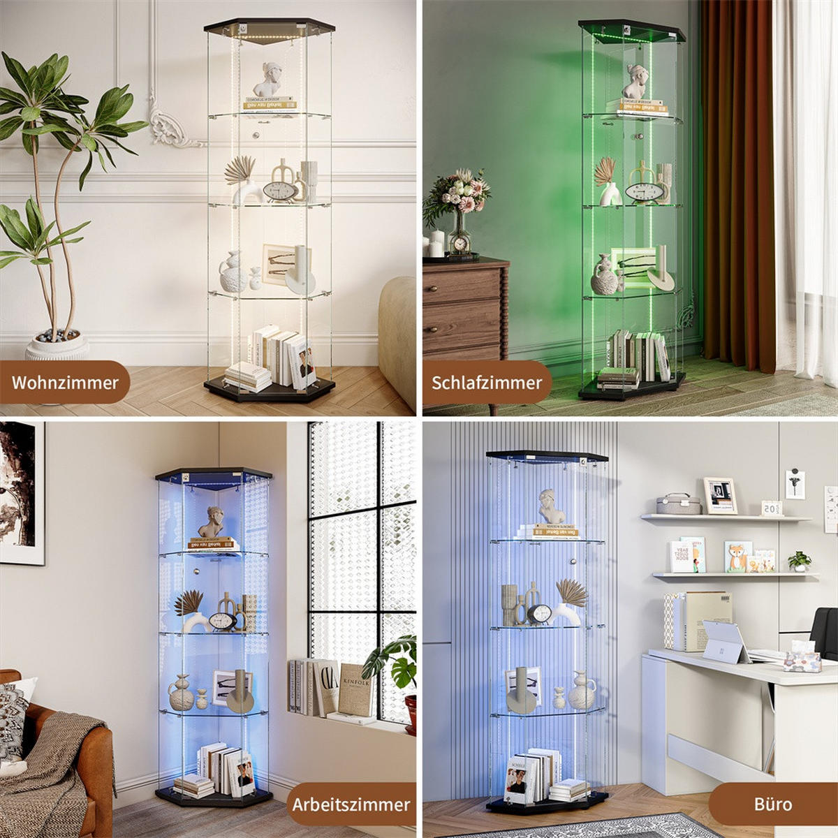 VITRINE mit RGB LED Beleuchtung - Eckvitrine mit 4 Ebenen und 1 Glastür - Glaskvitrine mit Schloss - Schwarz - Schwarz, Glas (60/162/42.5cm) - DELFA