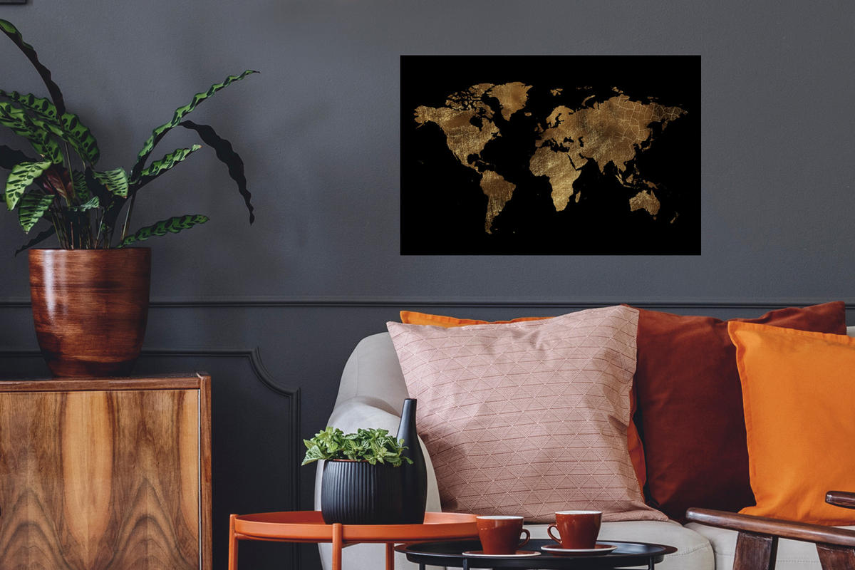 WANDTATTOO Weltkarte - Gold - Luxus - Erde - Schwarz 60x40 cm - Goldfarben, Kunststoff (60/40/0.1cm) - MuchoWow
