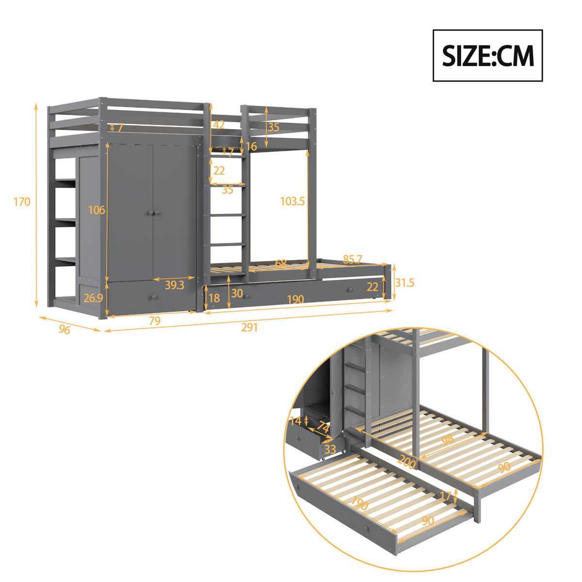ETAGENBETT 90/200 cm grau mit Ausziehbett und Kleiderschrank - Grau, Holz (90/200cm) - OKWISH