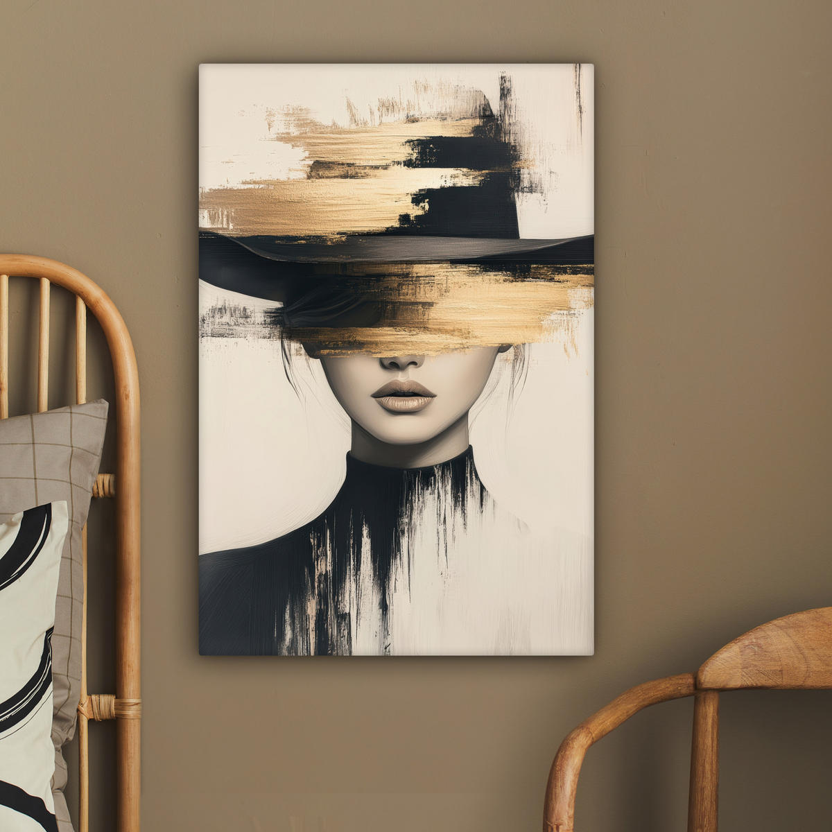 LEINWANDBILD Frau - Hut - Farbe 40x60 cm - Goldfarben, Textil (40/60cm) - MuchoWow