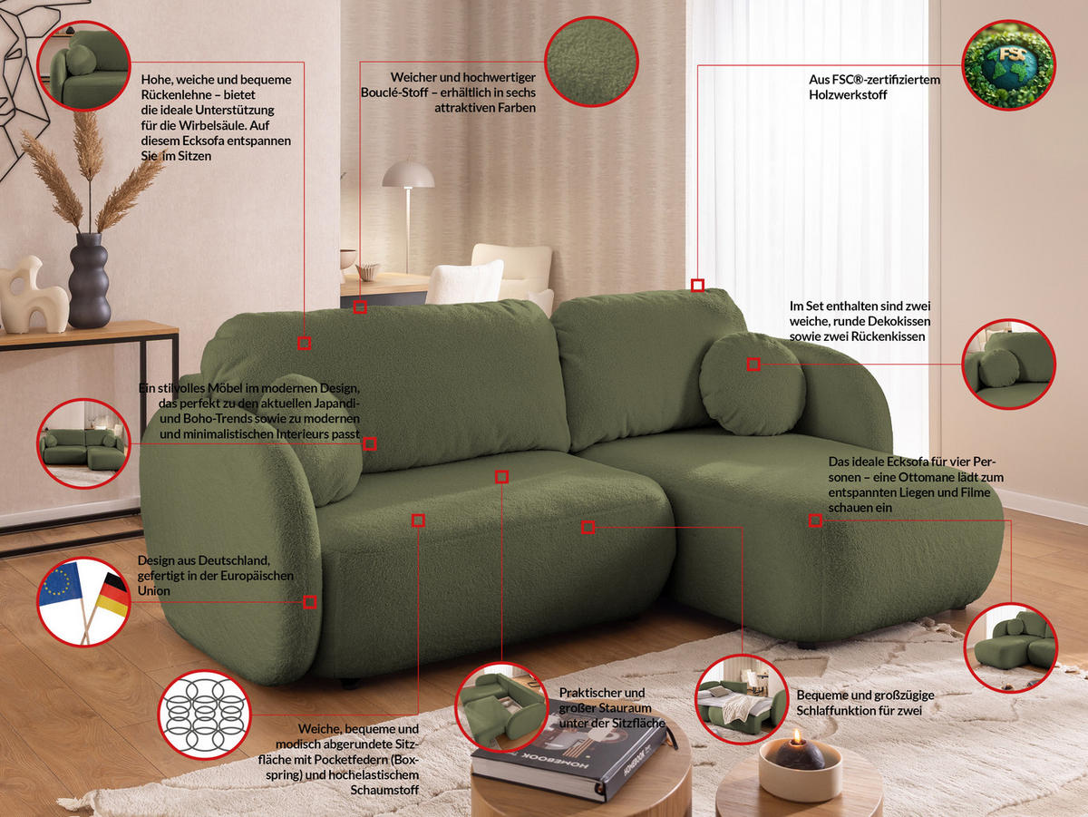ECKSOFA Candy mit Schlaffunktion Grün Bouclé-Stoff - Ottomane rechts - Schwarz/Grün, Holz/Kunststoff (146/230cm) - S-Style Möbel