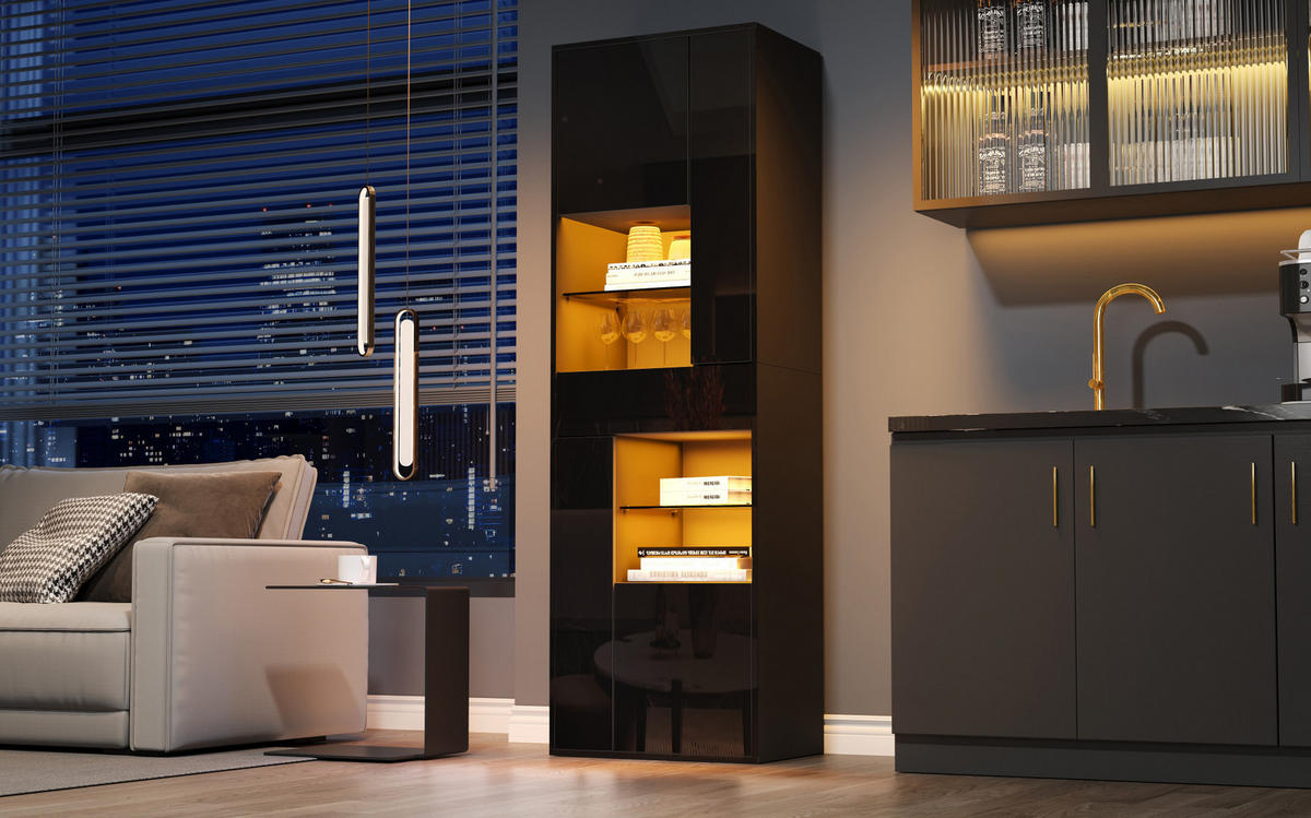 VITRINE 55/38/170 cm in Schwarz mit LED-Beleuchtung und Hochglanzfront - Schwarz, Holzwerkstoff (55/170/38cm) - Flora Grace