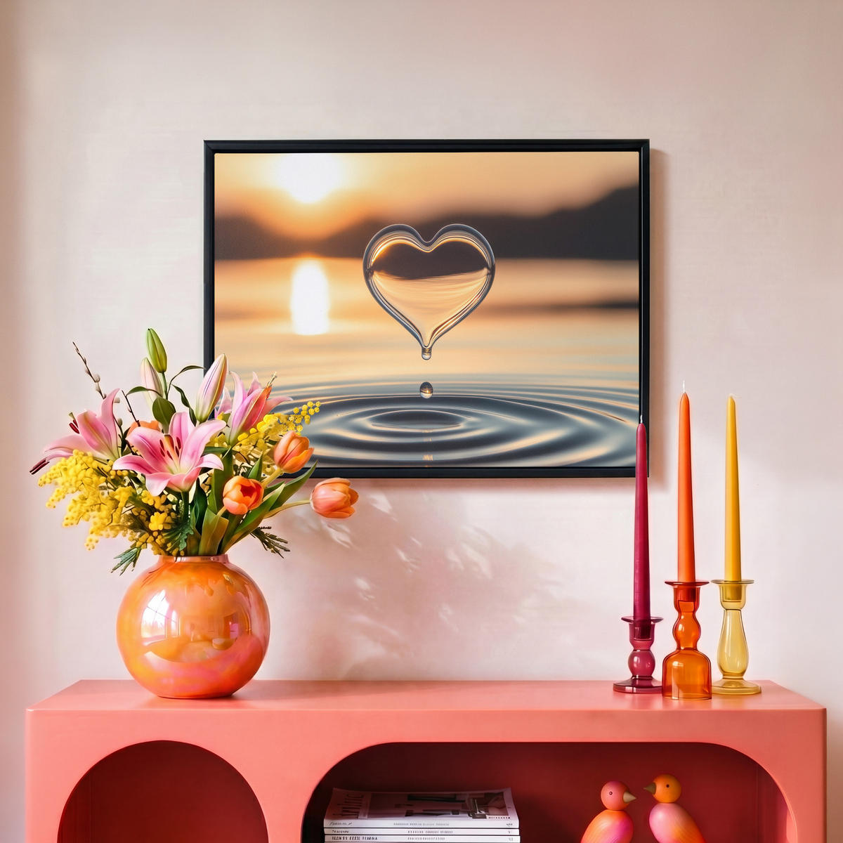 LEINWAND Bilder mit Rahmen - Herz - Wasser - Sonnenuntergang - Natur - Zen - 40x30 - Bernsteinfarben, Textil (40/30cm) - MuchoWow