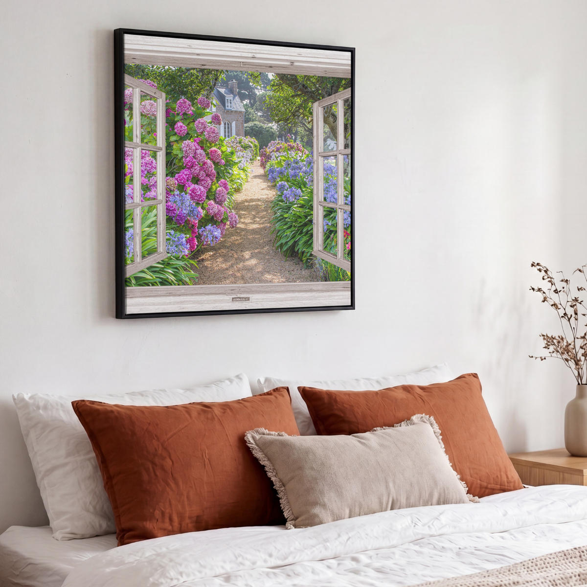LEINWAND Bilder mit Rahmen - Hortensie - Durchsichtig - Blumen - Sommer - Lila - Weg - 50x50 - Lila, Textil (50/50cm) - MuchoWow