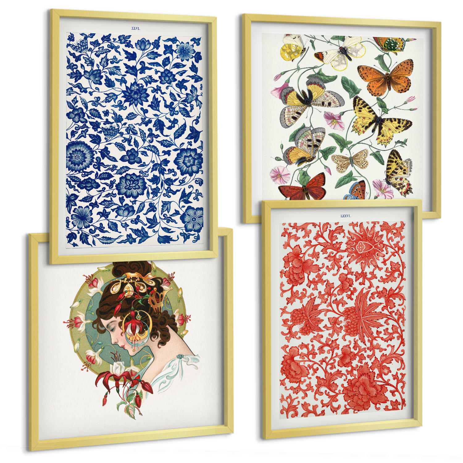 BILDER SET 4er Set - 50x50 cm & 40x60 cm Goldrahmen - Vintage-Blumen-Schmetterlings-Ornamente - Goldfarben, Kunststoff (50/50cm) - TULUP