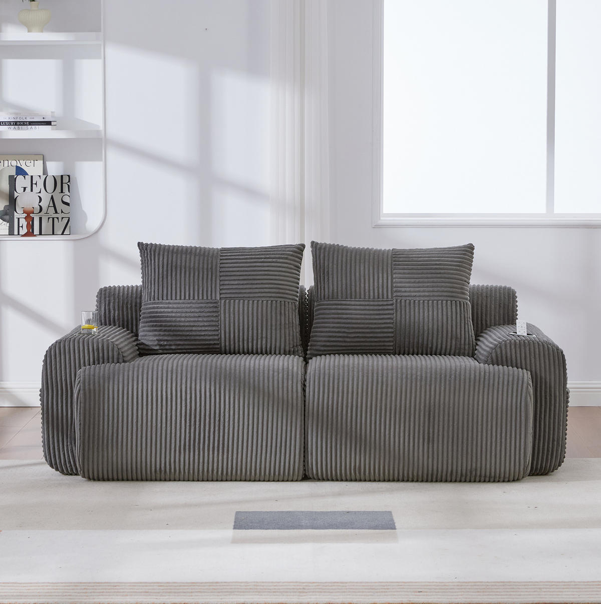 POHOVKA 200/99/80 cm tmavě šedá z manšestru s držákem na nápoje a boční kapsou - tmavě šedá, textil (99/80/200cm) - OKWISH