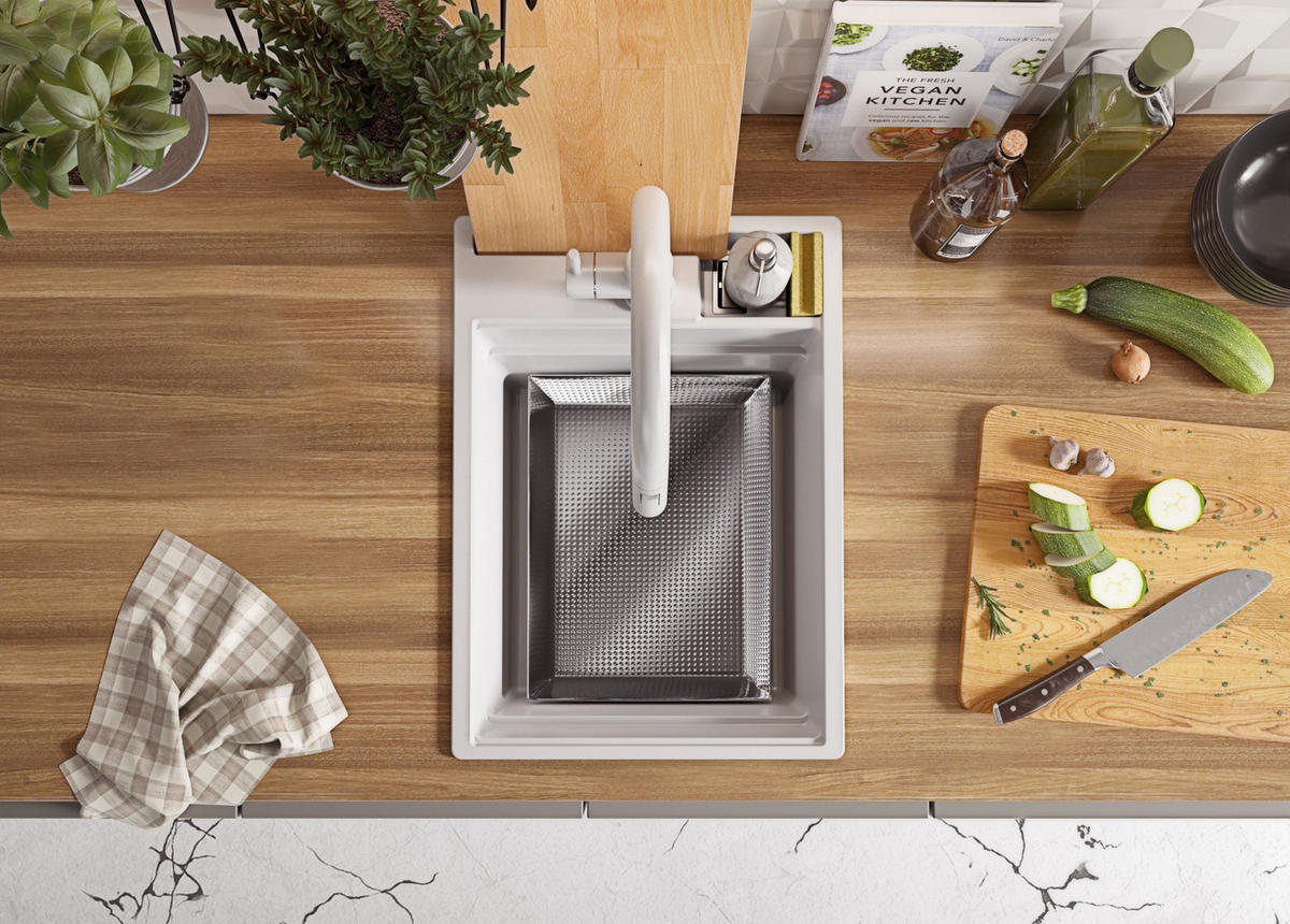 GRANITSPÜLE Oslo Pocket, 2-er set Weiß 38/53 cm 1 Becken + Küchenarmatur 40/20 cm + Ablauf-Set + Küchenzubehörset ab 40er Unterschrank - Chromfarben/Beige, Kunststoff (38/20/53cm) - Primagran