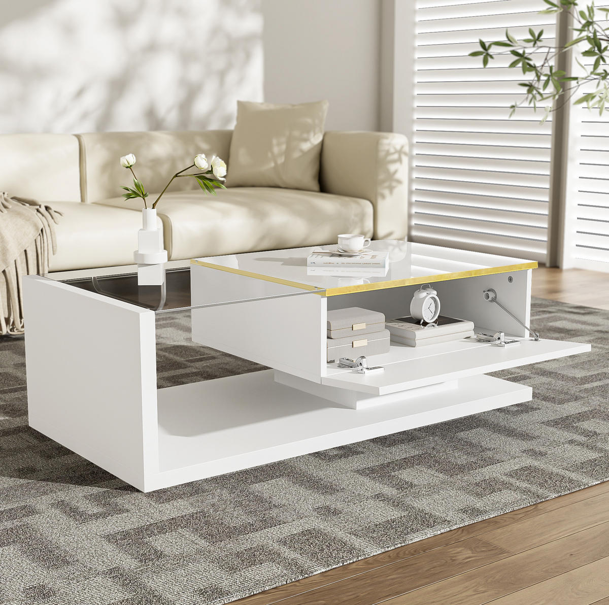 COUCHTISCH 100/50/32,5 cm mit Glasplatte, Stauraum und dimmbarer LED-Beleuchtung, Weiß - Weiß, Holzwerkstoff (100/50/32.5cm) - Redom