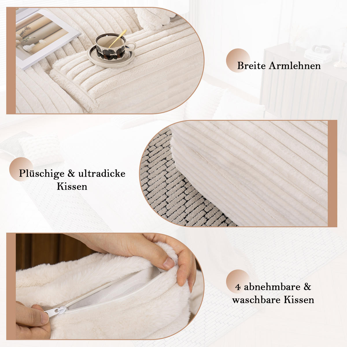 CHAISELONGUE Cordstoff mit Memory-Schaum und 4 Kissen 137/175/63 cm Beige - Beige, Textil (137/63/175cm) - Redom