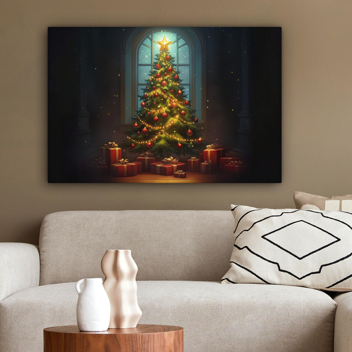 LEINWANDBILD Weihnachtsbaum - Geschenk - Winter Gemälde 60x40 cm - Grün, Textil (60/40cm) - MuchoWow