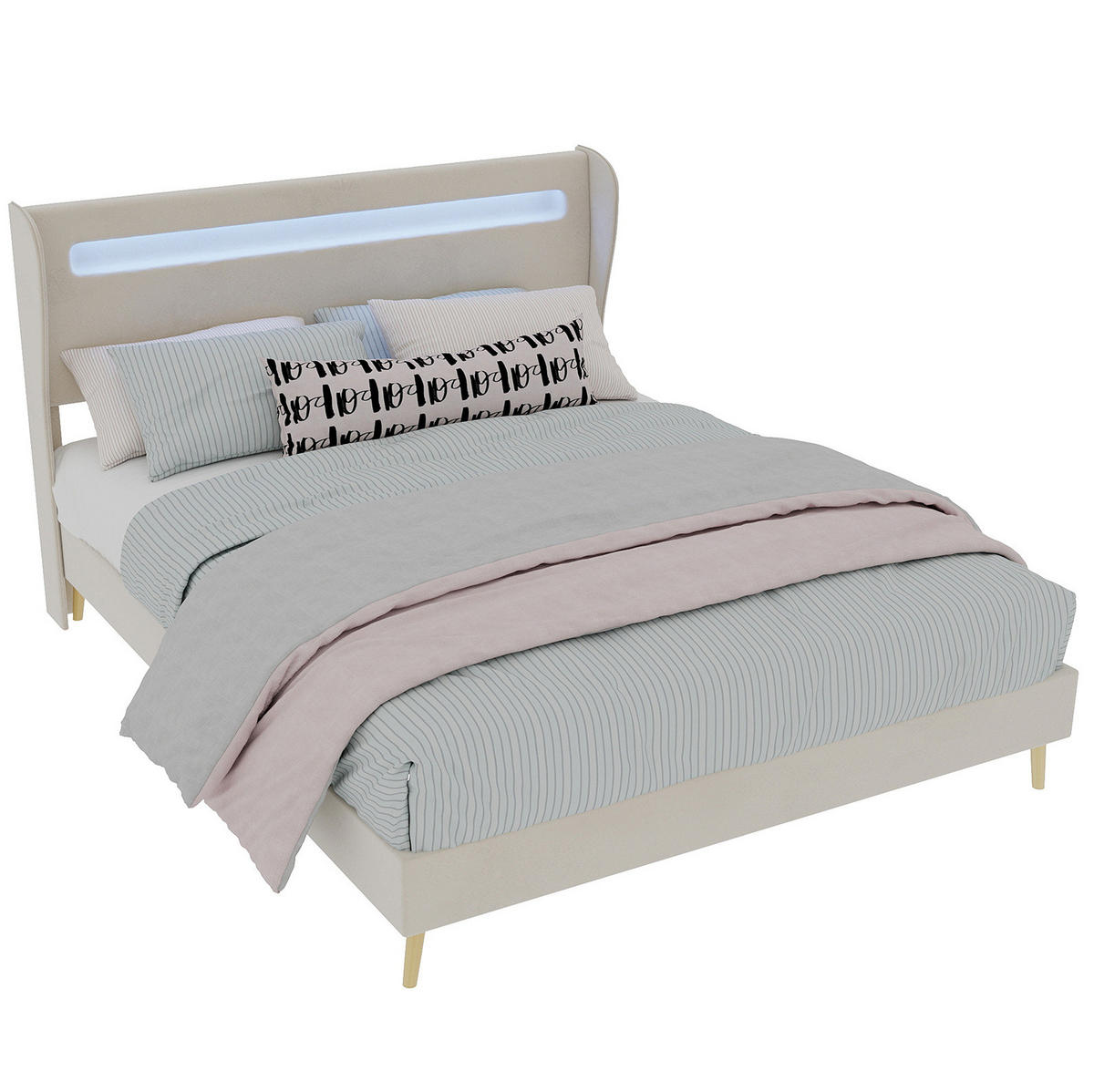 POLSTERBETT 140/200 cm beige aus Stoff und Metall mit LED-Kopfteil - Beige, Textil (140/200cm) - OKWISH