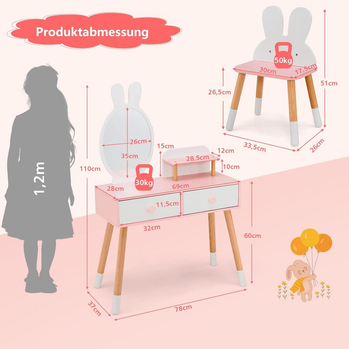 KINDER SCHMINKTISCH Set Weiß - Weiß, Holz (37/110/78cm) - COSTWAY